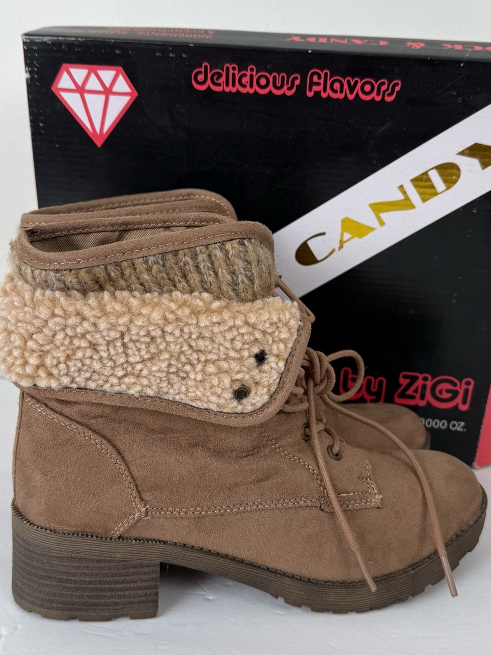 NIB Rock & Candy Tan Suede Combat Boots Cozy Sherpa-lined Fold-over 8.5 Medium